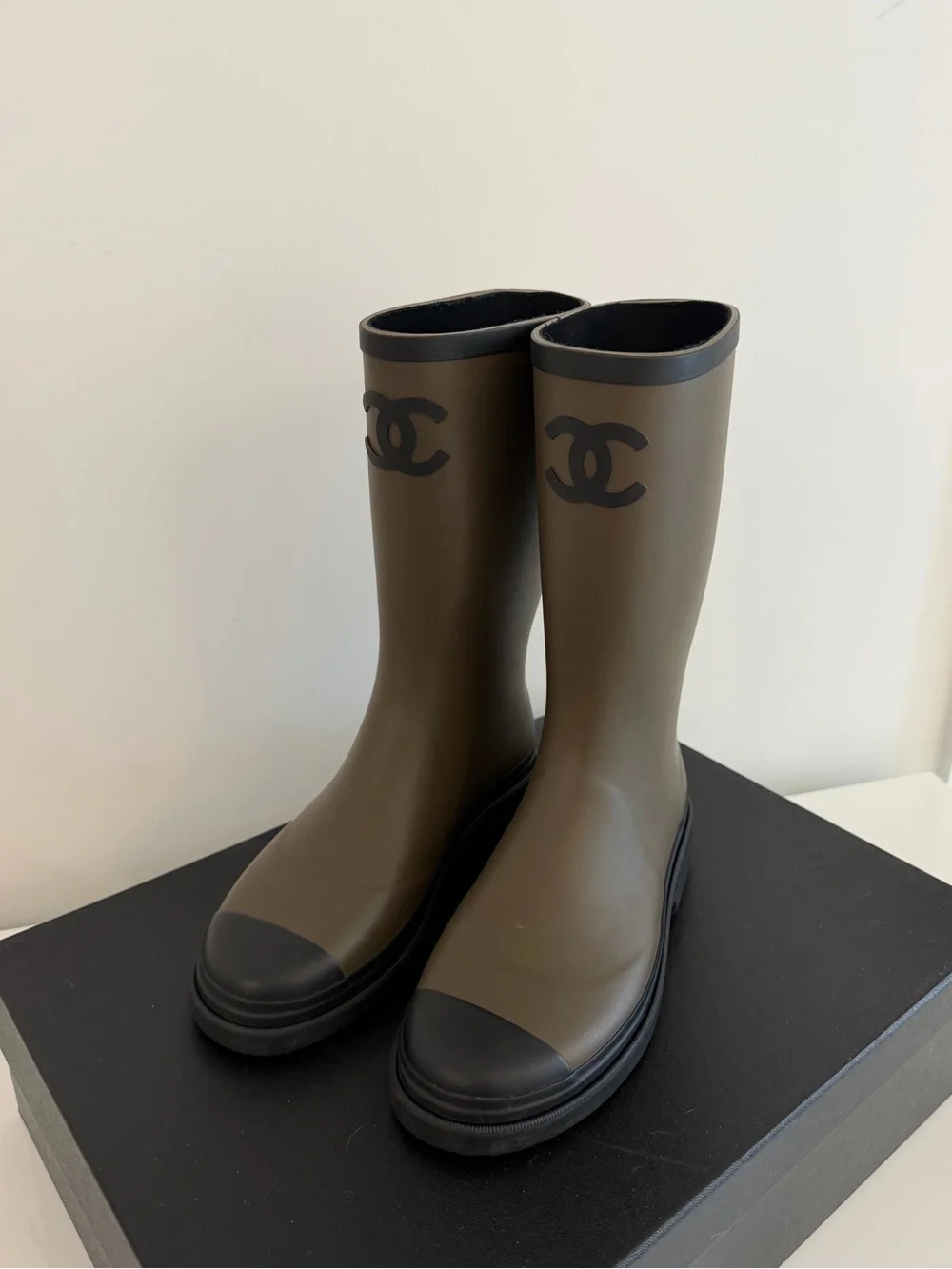 CHANEL Olive Green and Black CC Rainboots